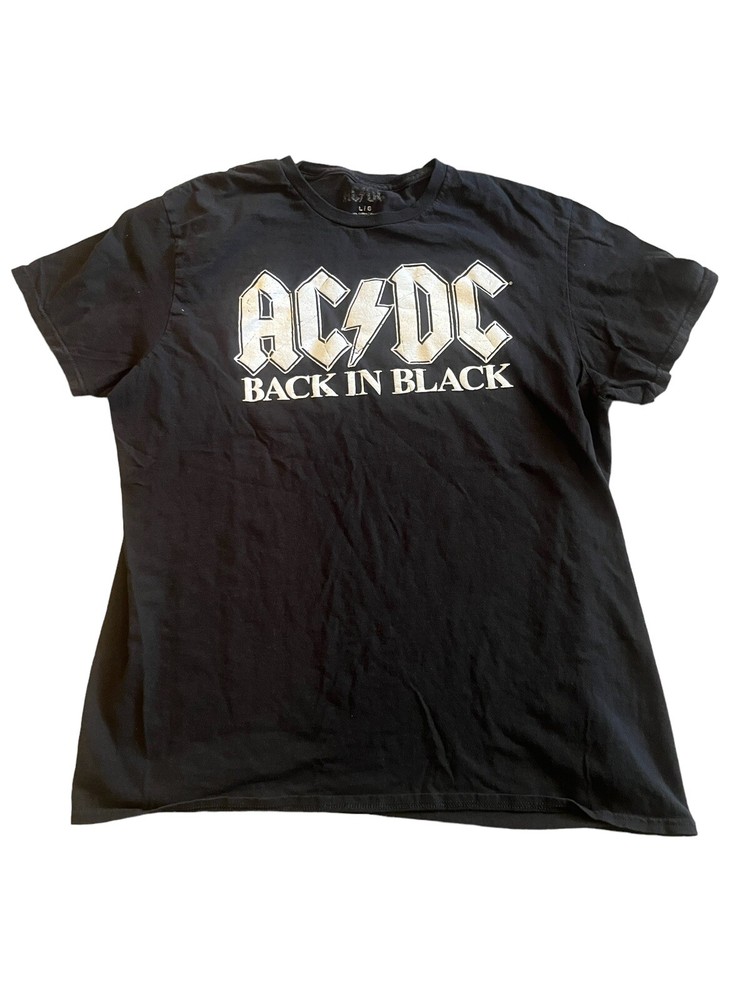 Men’s ACDC Back In Black T Shirt Size L Solid Black Raised Scratch Print Logo