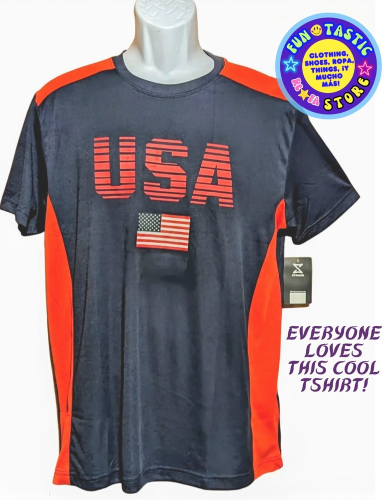 MENS USA FLAG TSHIRT. NAVY BLUE RED WHITE. STRIKER BRAND, Sz L. POLYESTER. Cool!