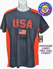 MENS USA FLAG TSHIRT. NAVY BLUE RED WHITE. STRIKER BRAND, Sz L. POLYESTER. Cool!