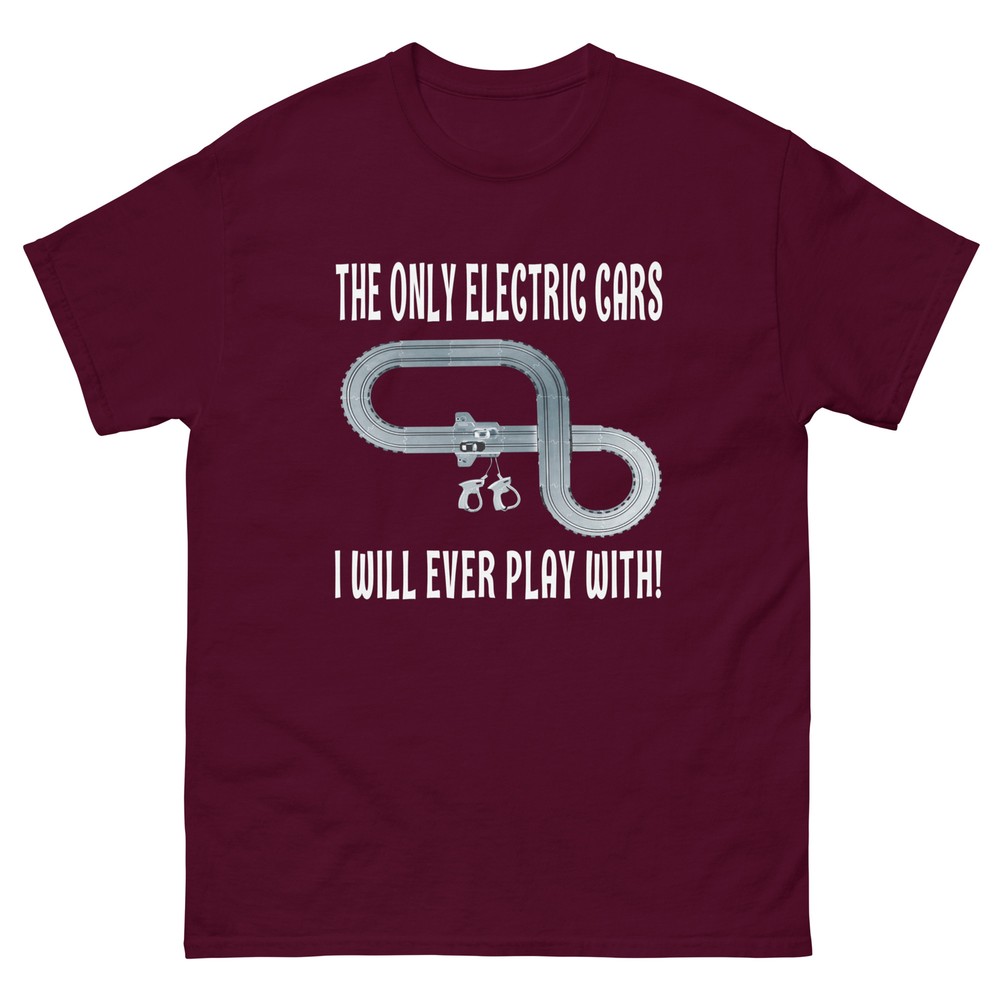 SLOT CAR T SHIRT ANTI EV ELECTRIC CARS AFX TYCO THUNDER JET AURORA