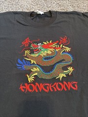Vintage Hong Kong Dragon Embroidered T Shirt Tee Black Unisex Size XL