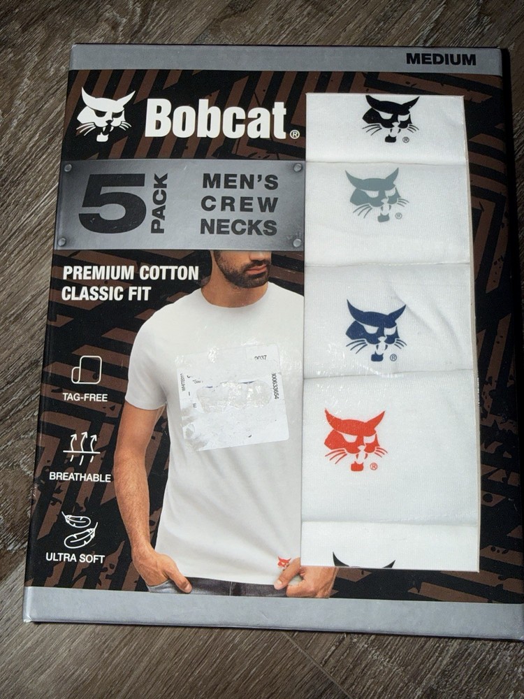 Bobcat ~ Mens 5-Pack T-Shirts Crew Neck White Cotton Blend Cat Logo ~ M (36-38)