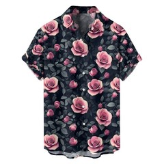 Mens Button Down Black Red Rose Floral Print Hawaiian Top Novelty Summer Shirt