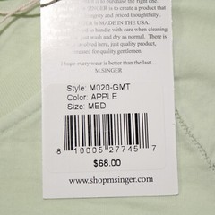 M. Singer NWT Short Sleeve Henley T-Shirt Size Medium in Apple Green 100% Cotton