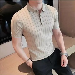 Plain Striped Black Male Polo Shirts Skinny Short Quarter Sleeve Casual Party Ch