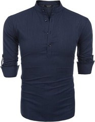 COOFANDY Men’s Cotton Linen Henley T-Shirt Long Sleeve Hippie Casual Beach Blue