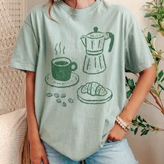 Coffee and Croissant Graphic Tee Hand-Drawn Sketch Art