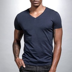 Men Solid Color V Neck Tight Fit T Shirt Short Sleeve Polyester Base Layer Top