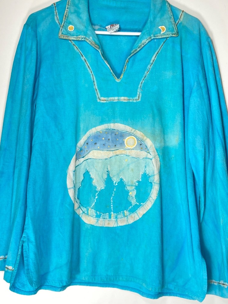 Hand-painted 70s Cotton Long Sleeve Hippy Shirt Deva Industries V-neck 44″ Chest