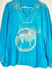 Hand-painted 70s Cotton Long Sleeve Hippy Shirt Deva Industries V-neck 44″ Chest