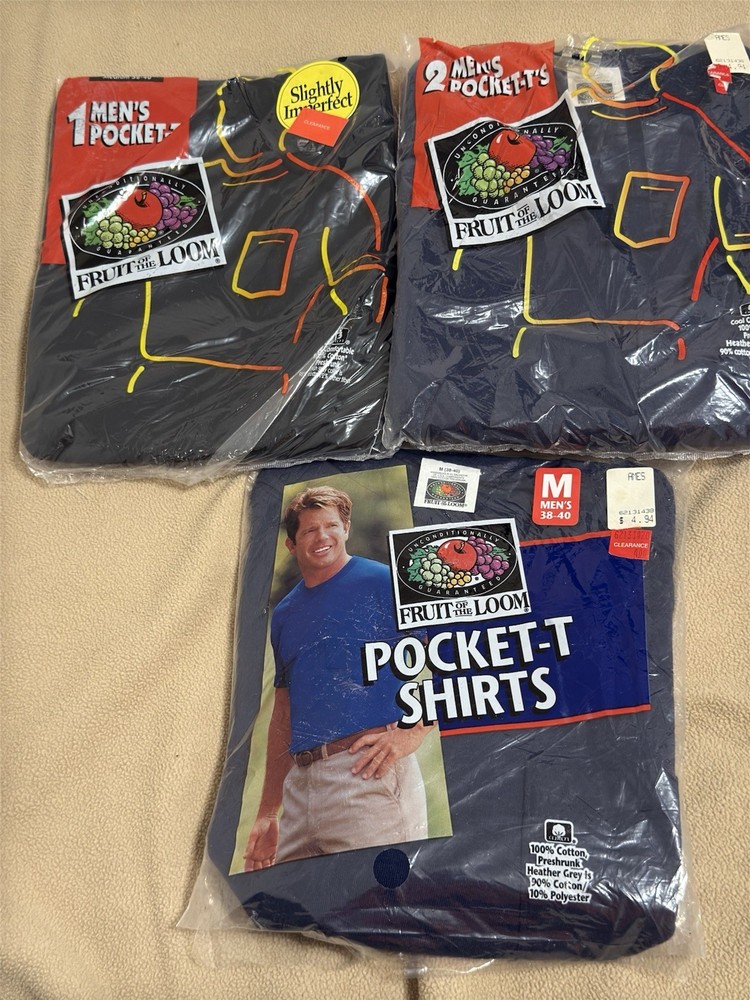 4 Vintage 1995 Fruit Of The Loom Pocket Men’s T-Shirt M 38-40 100% Cotton NEW