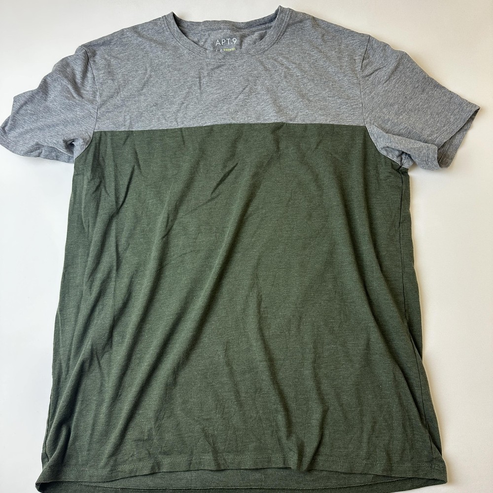 APT 9 Shirt Mens Large Gray Olive Green Premier Flex Crewneck Casual Tee Soft