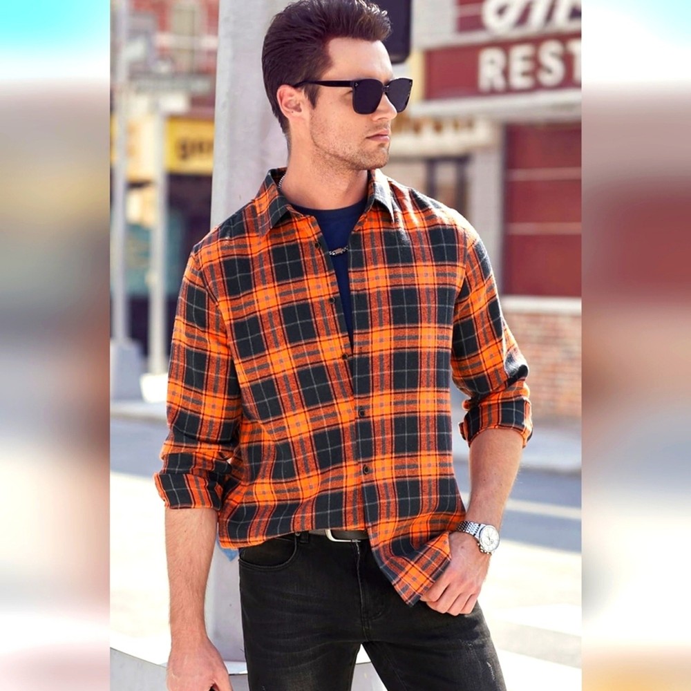 JMIERR Men’s Flannel Shirt size L Long Sleeve Button-Down Plaid Black Cotton