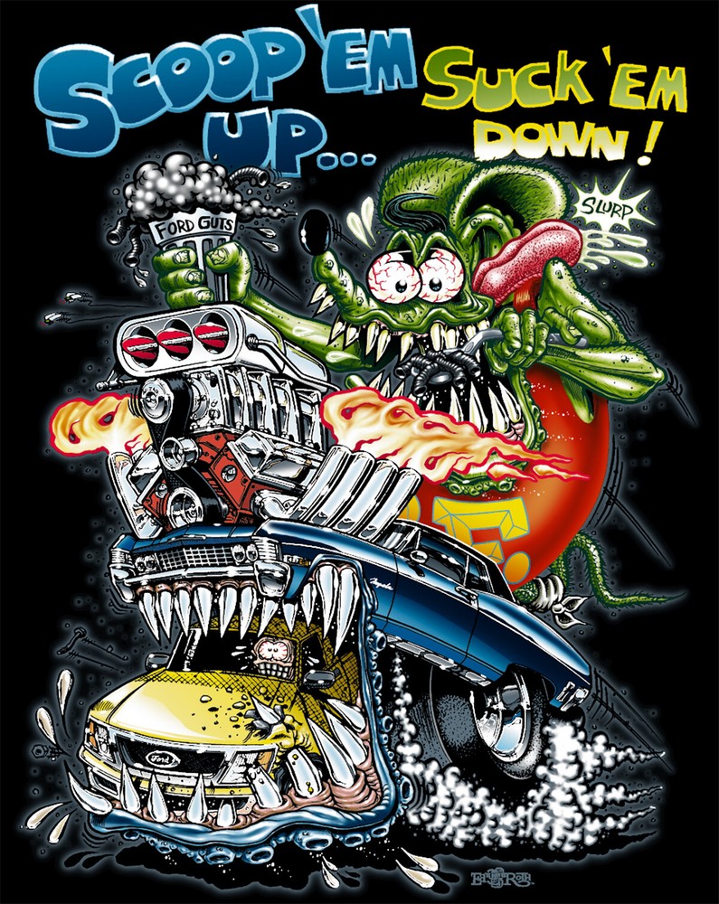 Rat Fink “Scoop ‘Em Up ” Black Tee Front Print 9276!