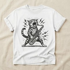 Rock n Roll Cat Playing Saxophone Funny Music Lover Kitty Unisex T-Shirt