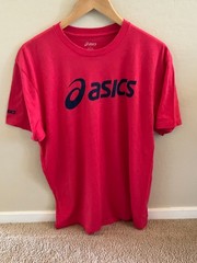 EXCELLENT Mens Asics Activewear T-Shirt Red Size L Dark Blue Logo 50/50 Blend