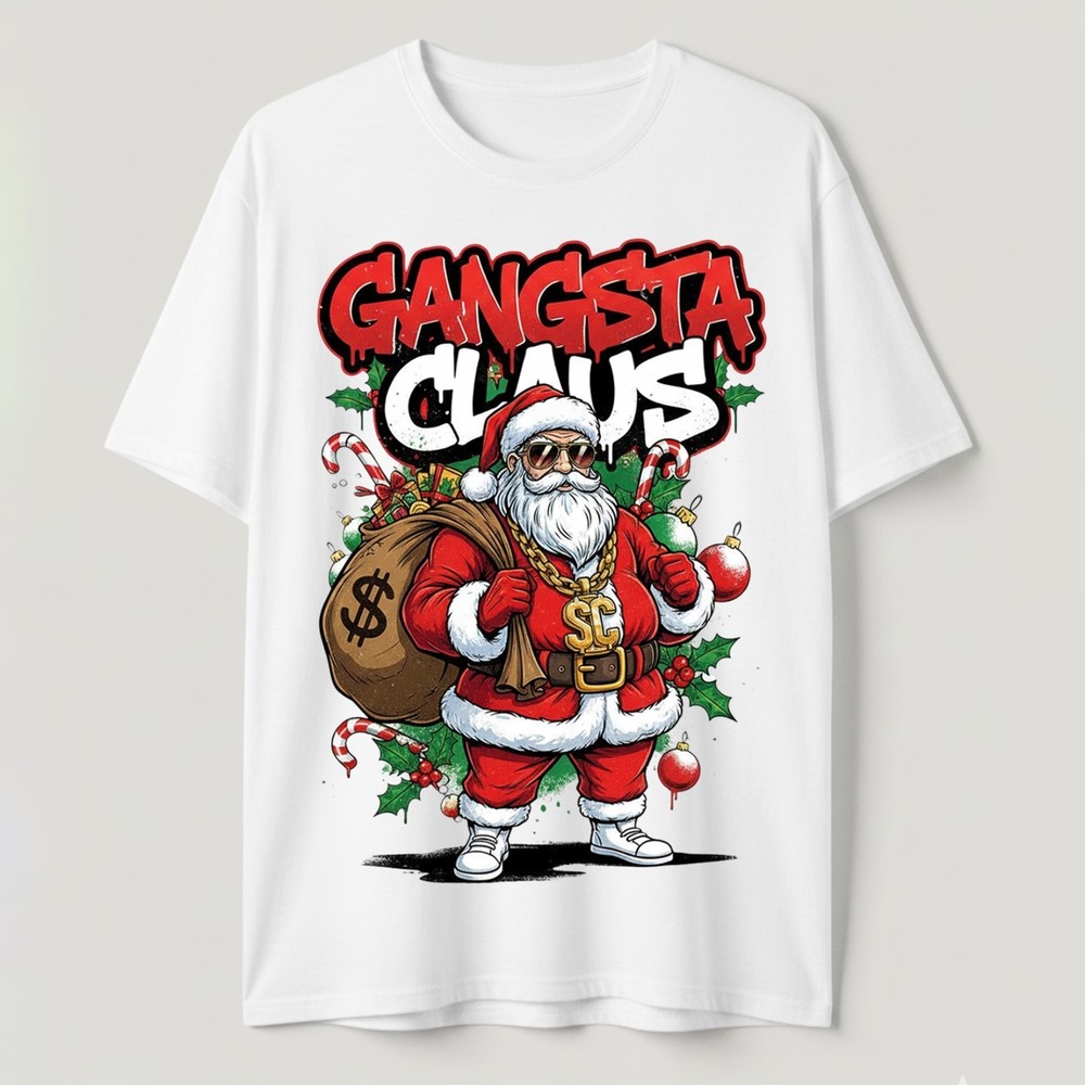 Gangsta Claus T-Shirt Graffiti Hip Hop Santa Christmas Money Bag Bling Tee