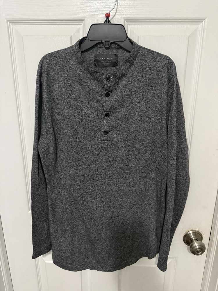 Zara Long Sleeve T-Shirt Button Neck Gray Mens Sz M Casual Preppy Minimalist