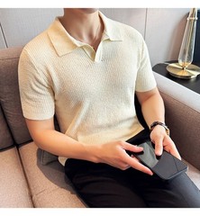 Summer New Men’s Short Sleeve Knit Shirt V-Neck Collar Slimming Casual Shirt Top