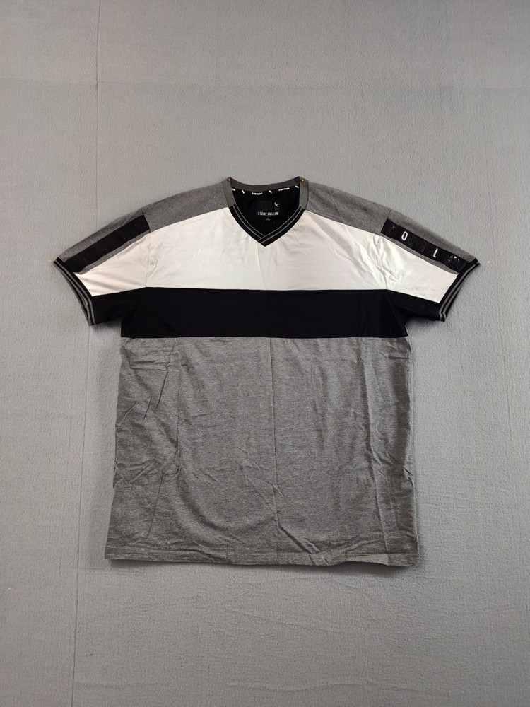 Stone Falcon Men Shirt XL Gray Striped Short Sleeve V Neck Casual Relaxed Fit