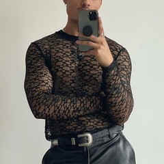 For Layering Men Mesh Tee For Daily Wear High Street Style Mesh Fabric