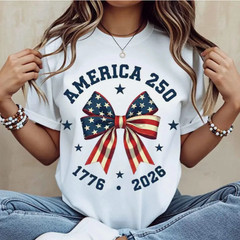America 250 Stars And Stripes Bow Print T Shirt White Crew Neck Casual Top NEW