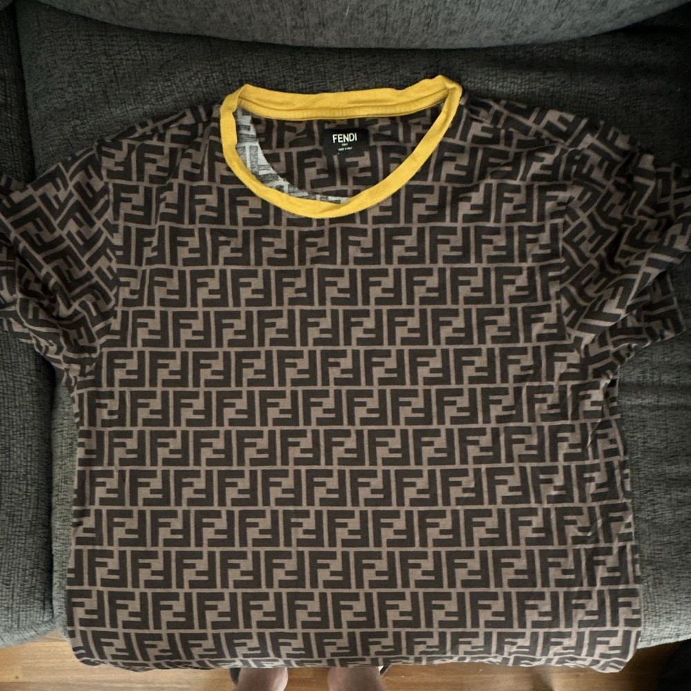 Fendi FF Logo Tight-Knit Crewneck Short Sleeve Pullover t shirt Brown