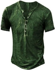 Mens Distressed Henley Shirt Short Sleeve Retro Washed Casual Slim Fit Tee