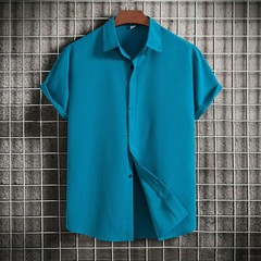 Loose Fit Pure Color Button up Short Sleeve Men’s Shirt Summer New Arrival Clean