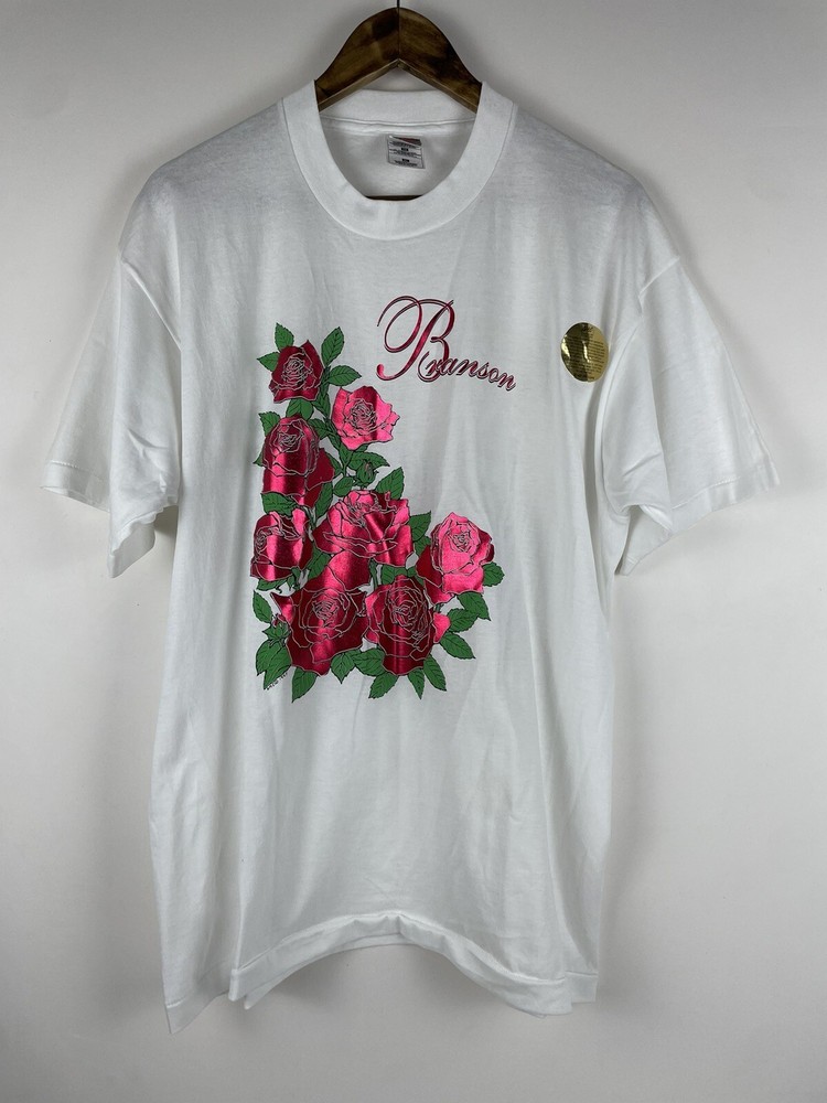 VTG Branson Missouri Shirt Mens XL White Red Foil Roses Floral Single Stitch