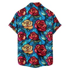 Mens Button Down Black Red Rose Floral Print Hawaiian Top Novelty Summer Shirt