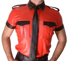 Men’s Lamb Leather Short Sleeves Police Shirt Red & Black Trims Sexy Bluf Shirt