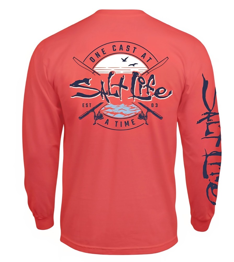 Salt Life “One Cast at a Time” Long Sleeve Men’s Graphic T-Shirt, Lg, XL, or 2XL