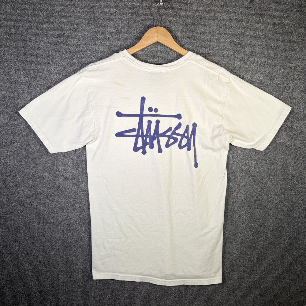 Vintage Stussy Shirt Mens Medium White Y2K Surf Skate Spellout Logo Cursive