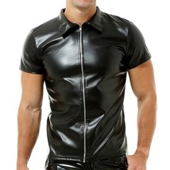 Men T-shirts Short Sleeve Shirts Zip Nightclub Stage Tops Black PU Leather Tees