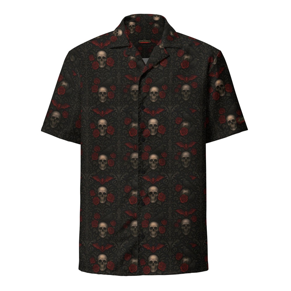 Crimson Mourning Button-Up Shirt Dark Resort Wear Occult Horror Skull Shirt