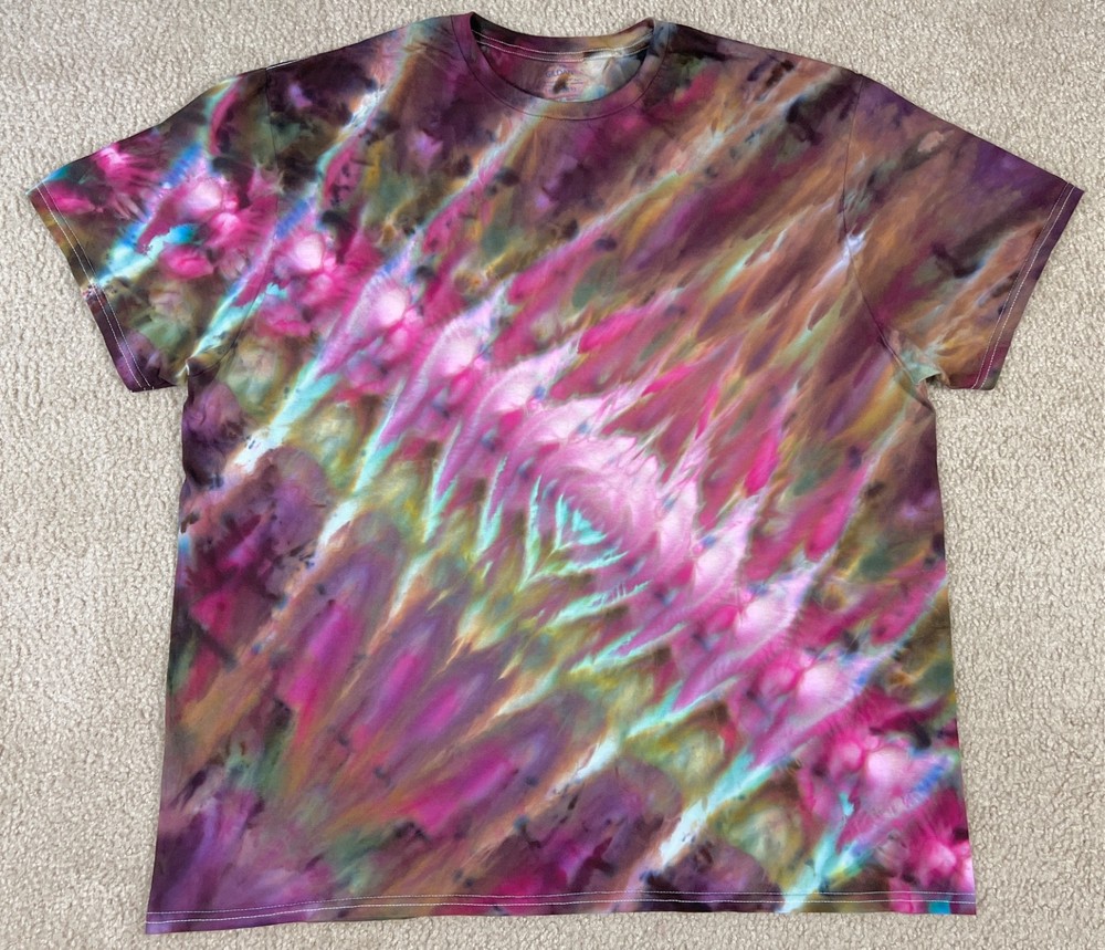 Handmade Ice Tie Dye T-Shirt 2XL Mens Womens Soft Cotton Green Plum Rolled