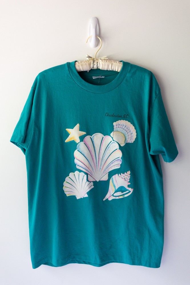 Vintage Charleston T Shirt Teal 90s Neon Sea Shells Coastal Grandma Size Large
