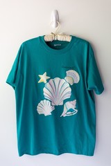 Vintage Charleston T Shirt Teal 90s Neon Sea Shells Coastal Grandma Size Large