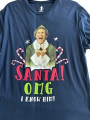 Elf Movie Santas Coming OMG I know Him Short Sleeve Crew Blue Shirt Size Large L