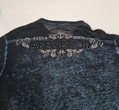 Affliction LS Top Large L Blue Sheer Shirt Silver Foil Black Velvet Graphics Y2K