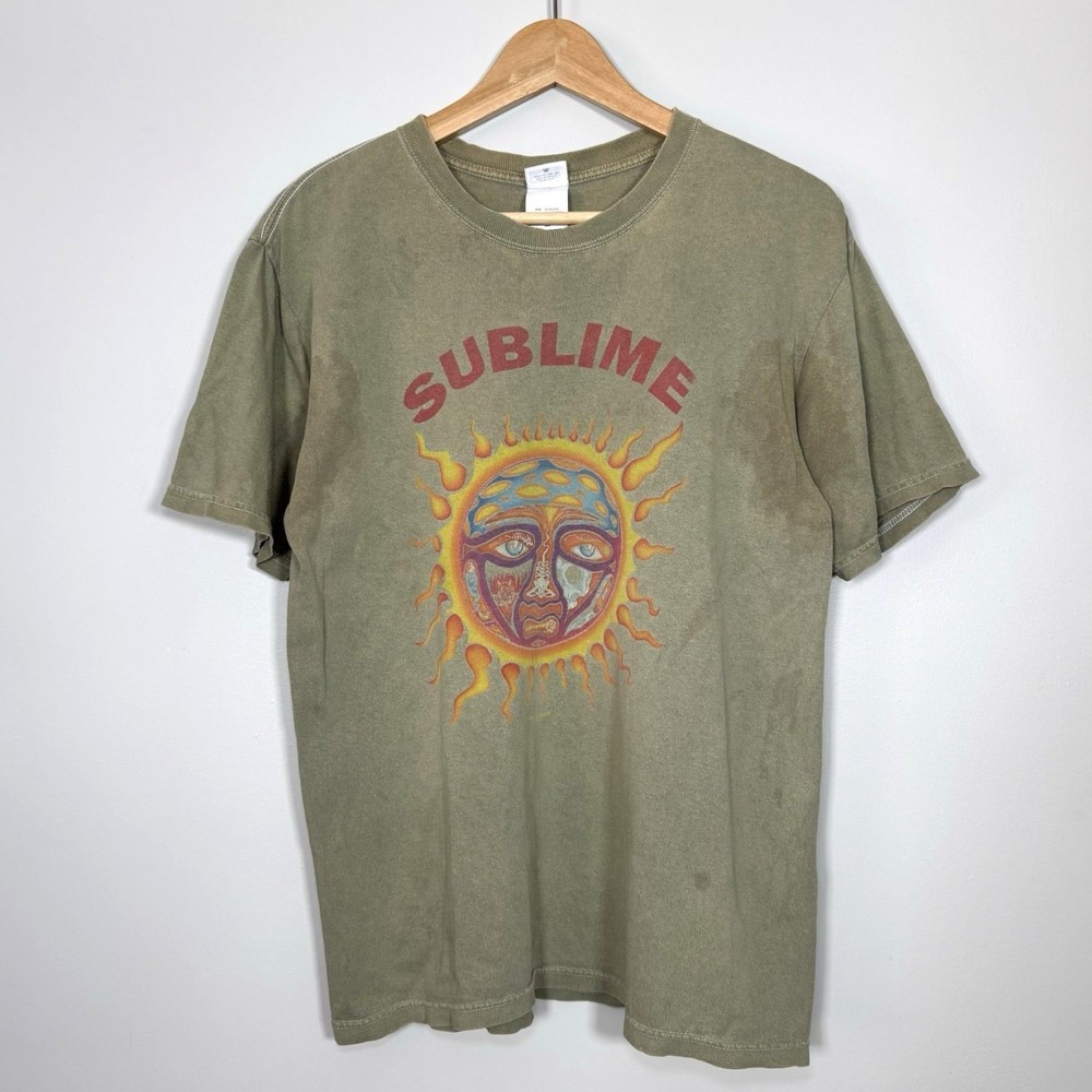 Vintage Sublime T-Shirt Medium Green 2002 Rock Band Tee Sun Face Y2K Distressed