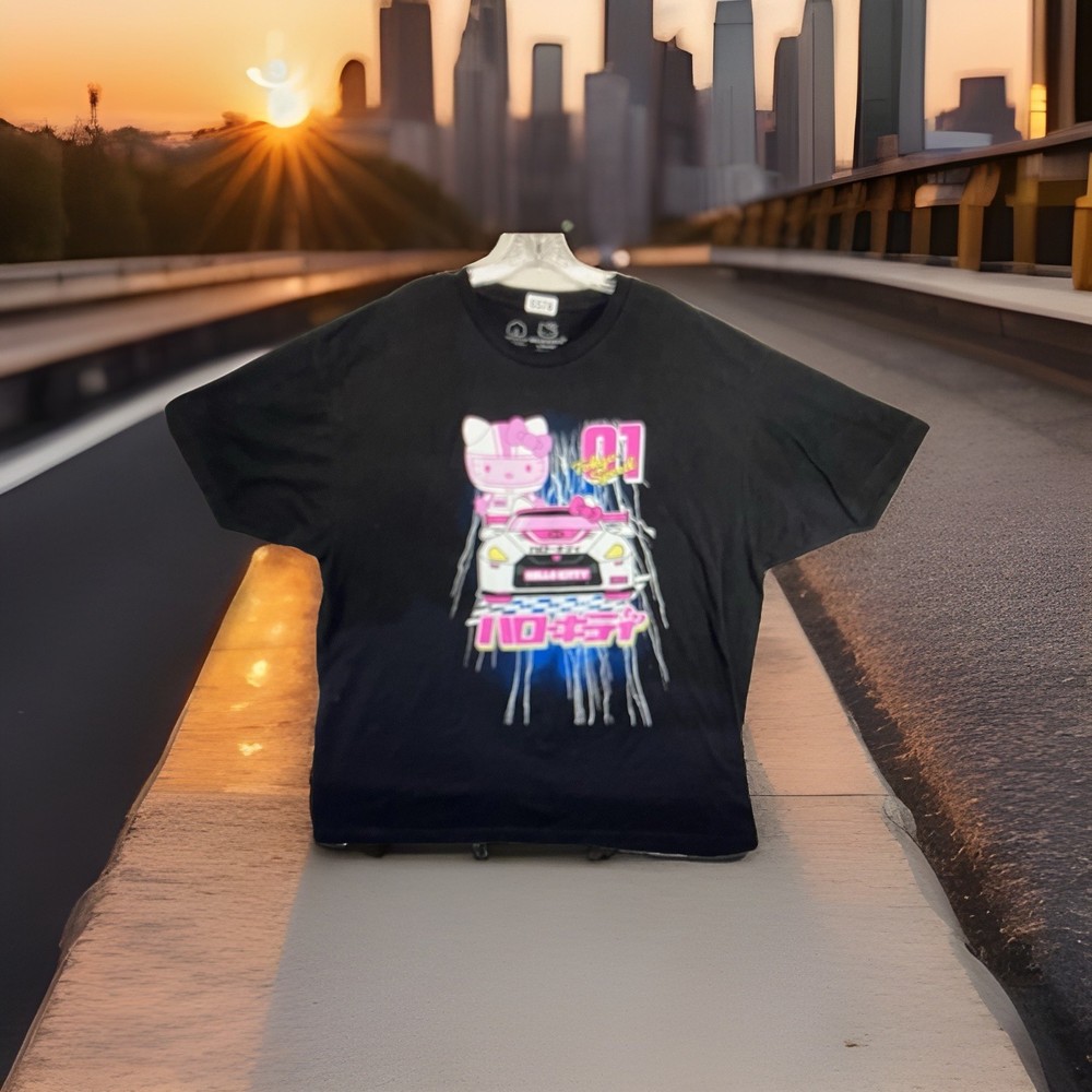 Sanrio Hello Kitty Tokyo Speed Racer Black T-Shirt Adult Unisex 2XL Colorful