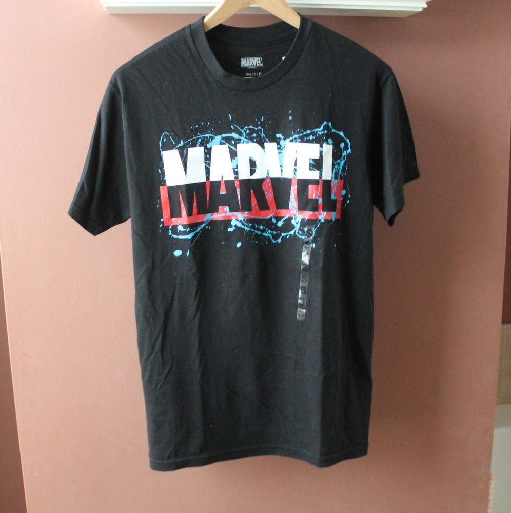 Marvel Comics Splatter Logo T-Shirt New Black with White Blue and Red size S NWT