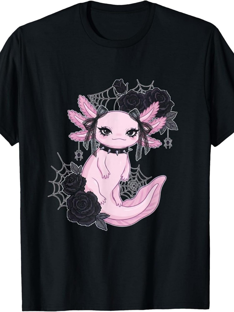 Pastel Goth Axolotl Spiked Collar Black Roses Cute Creepy T-Shirt Comfortable