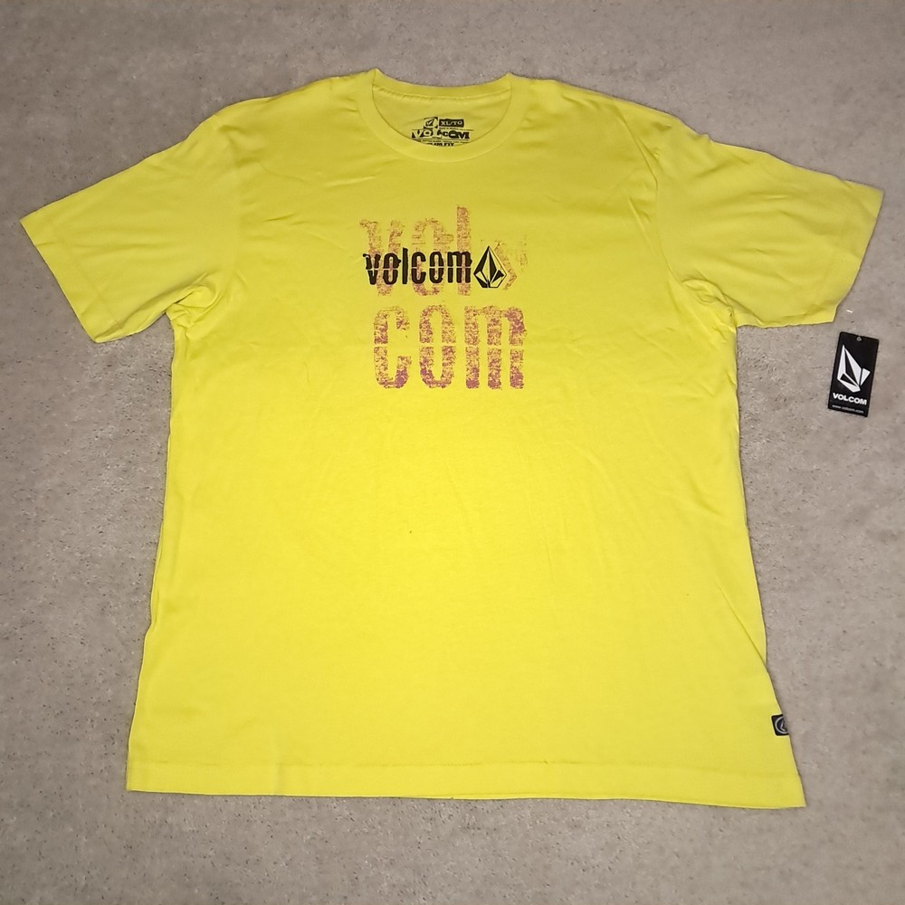 Y2K Volcom Stone Skateboard T-shirt Mens XL Slim Yellow Logo Spellout