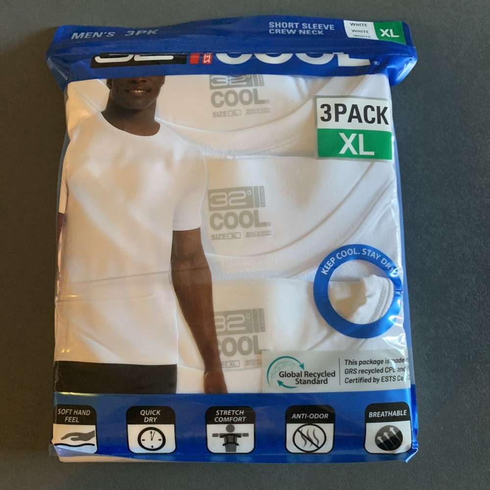 32 Degrees Cool Men’s 3 Pack Tee Short Sleeve Crew Neck T Shirt XL WHITE