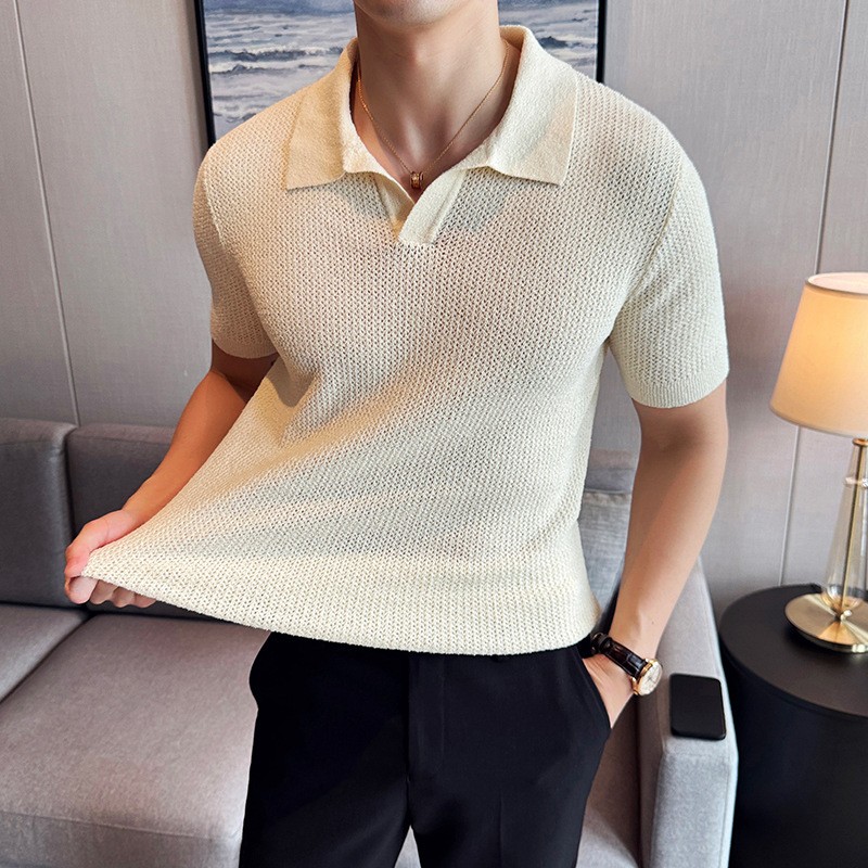 Summer New Men’s Short Sleeve Knit Shirt V-Neck Collar Slimming Casual Shirt Top