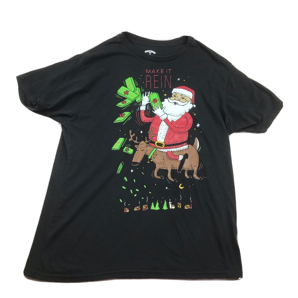 Santa Claus Shirt Adult Large (42-44) Black Christmas Make It Rein Funny Tee