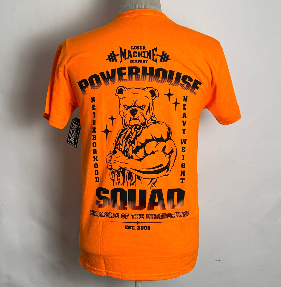 Loser Machine Men’s T-Shirt Powerhouse Orange Size M NWT Weightlifting Dog